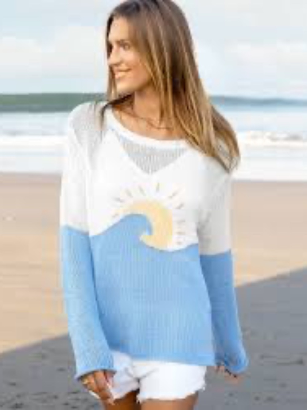 NWT Wooden Ships Sunrise Crew Cotton Sweater White Blue Beach Size S